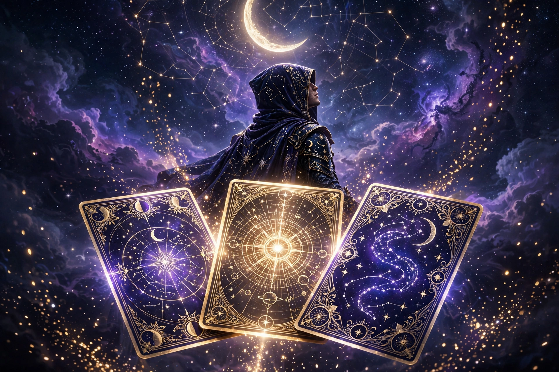 A tarot spread under a midnight sky, painted in gold and violet